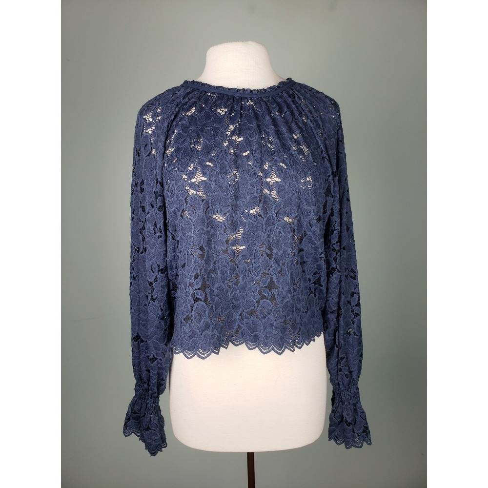 Free People Women's XS Olivia Lace Top Navy Blue Floral Romantic Boho Sheer